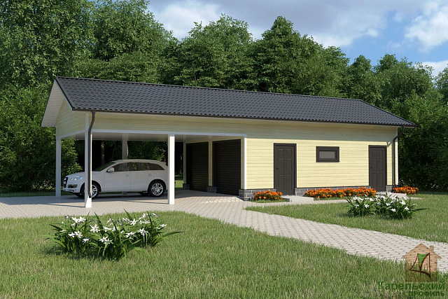 Дом из газобетона гаража на две машины с навесом, 90 кв.м